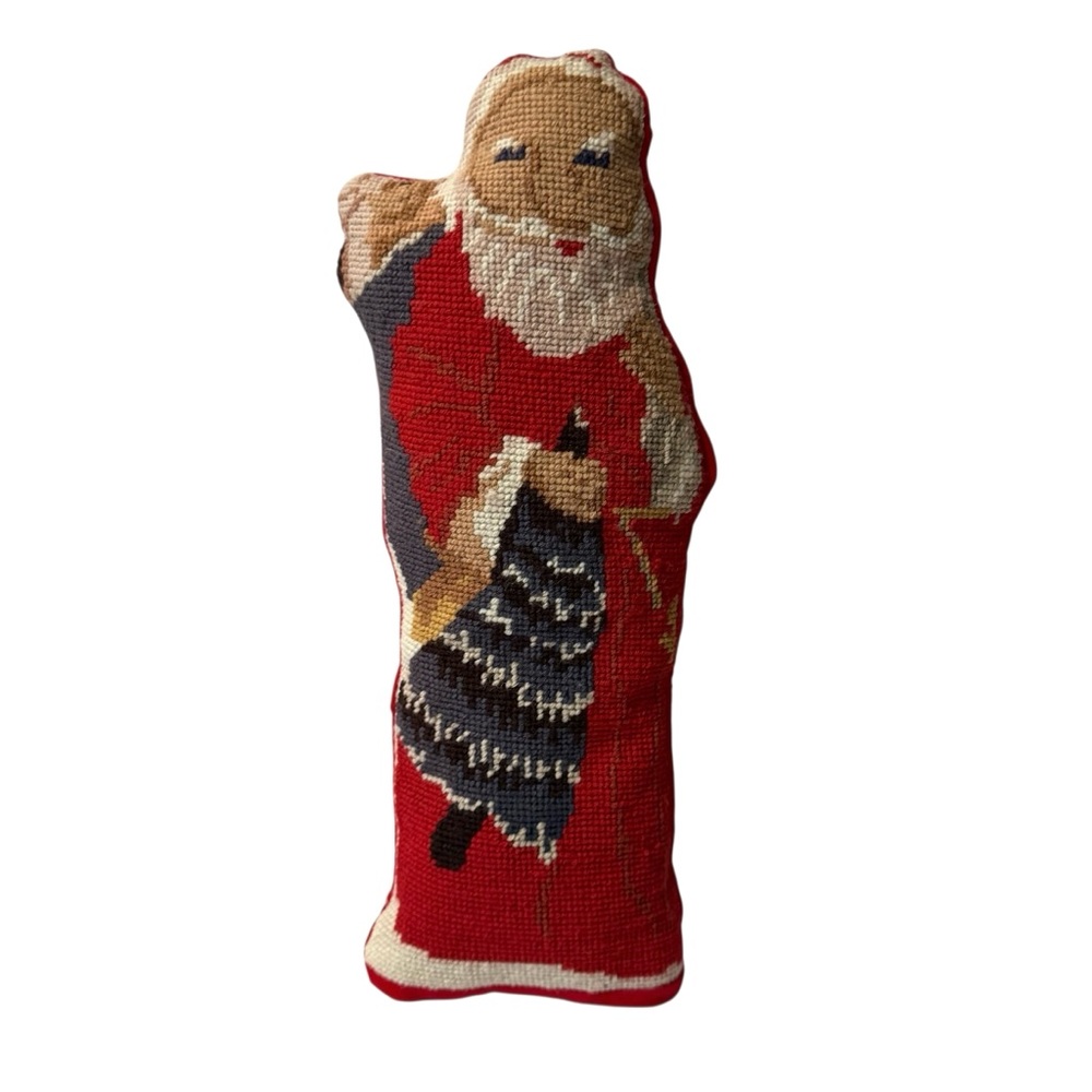 Vintage Needlepoint Standing Santa Pillow 15”  Door Stopper Velvet Back